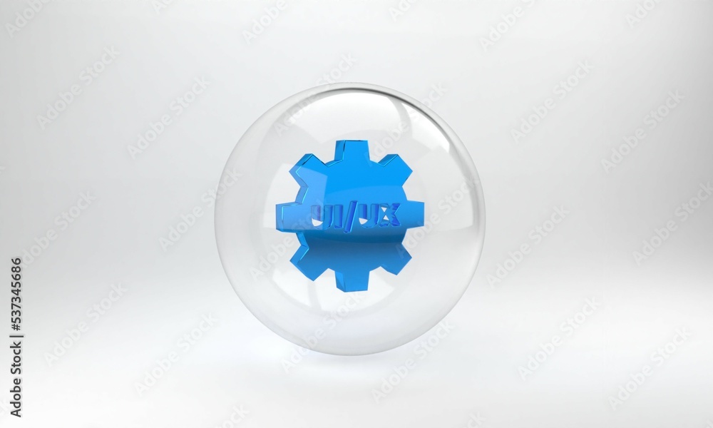 Poster blue ui or ux design icon isolated on grey background. glass circle button. 3d render illustration