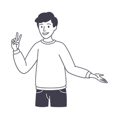 Man Character Showing V Peace Sign as Positive Hand Gesture Outline Vector Illustration