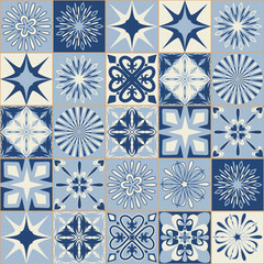 Spanish portuguese ceramic tile in blue color, vintage traditional pattern on square mosaic, vector illustration