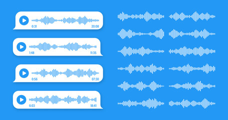 Voice, audio message, blue speech bubble. SMS text frame. Social media chat or messaging app conversation. Voice assistant, recorder. Sound wave pattern. Vector illustration
