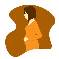 Brunette pregnant woman in orange dress smiling and holding her belly. Flat vector illustration. Bob hairstyle.