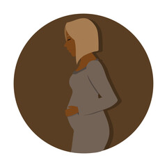 Black skin blonde pregnant woman in dress smiling and holding her belly. Flat vector illustration. Bob hairstyle.