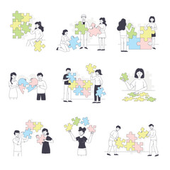 People Assembling Jigsaw Puzzle Connecting Mosaiced Pieces Together Vector Set