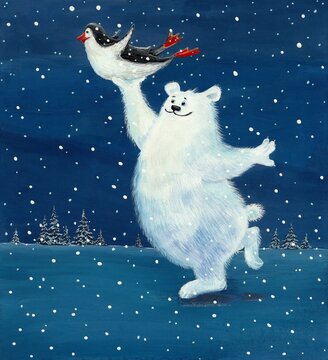 Painted illustration. A polar bear dances with a penguin on a winter night. Painting with acrylics on paper, winter landscape, night, frosty weather.