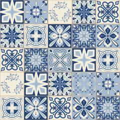 Blue ceramic tiles, vintage portuguese style vector illustration for interior design, symmetrical pattern