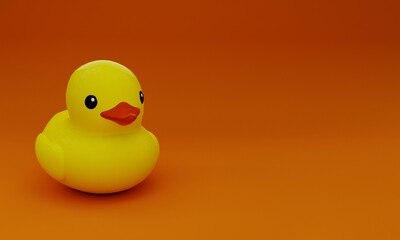 a 3d illustration, rubber duck image , red background, copy space ,3d rendering.