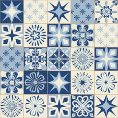 Azulejo blue portuguese style ceramic tiles, vintage symmetrical pattern for wall decoration - obrazy, fototapety, plakaty