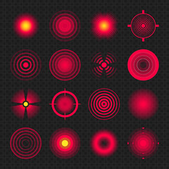 Pain localization marks. Painful area, aching spot. Red circles, targets. Headache, bruised body part marker. Back, neck, muscle pain symbol. Healthcare ad, medical information. Vector illustration.