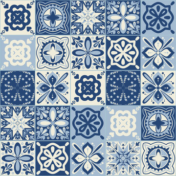 Blue ceramic tiles, vintage portuguese style vector illustration, symmetrical pattern square tiles