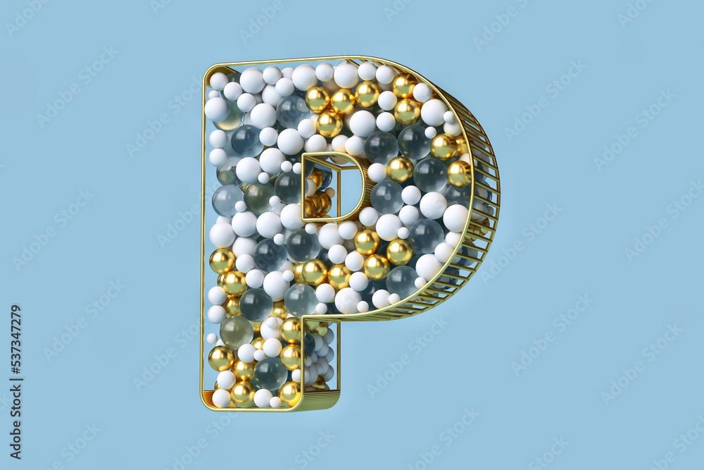 Poster creative 3d fantasy font made of floating spheres in gold, crystal and white colors. letter p suitab