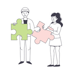 Young Man and Woman Assembling Jigsaw Puzzle Connecting Mosaiced Pieces Together Vector Illustration