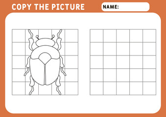 Beetles  scarab. Insect. Beetle. Educational game for children. Copy the picture. Illustration and vector outline - A4 paper, ready for printing. Preschool worksheet.