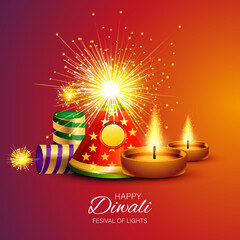 Beautiful Happy diwali background with diya and crackers