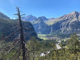 Mountains landscape on the summer day with blue sky. Switzerland mountain with rocks, trees and forest. Nature landscape view with mountains and lake. Lake in the mountains. 