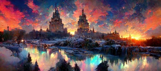Fototapeta na wymiar sunset over the palace. landscape. concept art. fantasy scenery. illustration