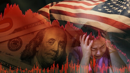 Stock market trading graph red color economy. unemployed women usa flag background. Trading trends...