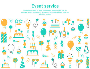 Event service background with text space. Flat line Birthday party carnival festival celebration banner with fun color minimal abstract elements cake gift balloon wine muffin candy vector illustration