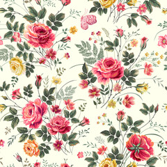 seamless floral pattern with rose bouquet and butterfly on white background background