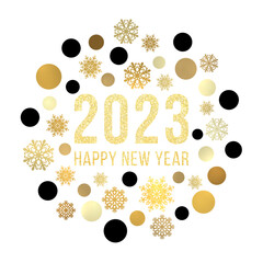 Happy New Year 2023 circle concept. Gold and black snowflakes on white background. Golden Christmas greeting card design with gold baubles glitter celebrating text. Winter holiday vector illustration.