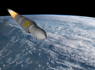 Nuclear missiles in the space. The concept of the threat of nuclear war. Elements of this image furnished by NASA.