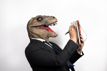 euphoric man with T Rex head on a white isolated background. Absurd and surreal funny concept