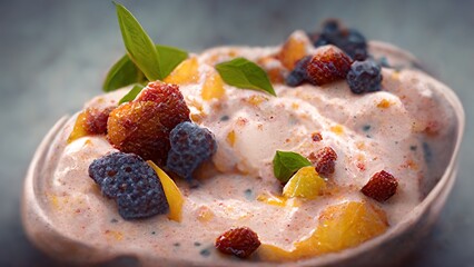Appetizing dessert with ice cream with fruits and berries.