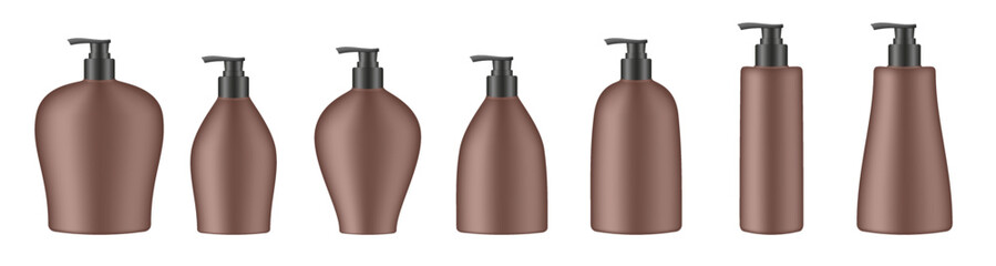Set of brown cosmetic bottles with pump. Dispenser. Liquid soap or shower gel. Professional shampoo	