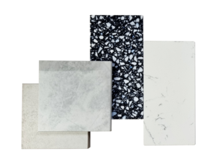 top view of interior material samples contains gloss and matt grey tiles, black and white terrazzo artificial stone, white marble quartz isolated on background with clipping path.