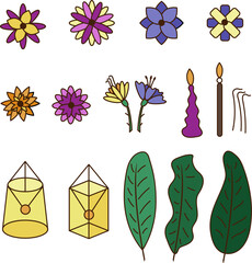 Loy Krathong set. Small set with banana leaves, flowers, lanterns, candle, incense sticks. Color cartoon vector illustration.
