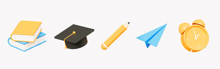 3D School and education set icon. Stationery for study and work. Book, graduation hat, pencil, paper airplane and alarm clock. Cartoon creative design icon isolated on white background. 3D Rendering © accogliente