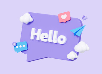 3D Hello speech bubble message with like button and paper airplane with clouds. Text Hi. Social media communication. Cartoon creative design icon isolated on purple background. 3D Rendering © accogliente
