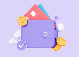 3D Wallet and credit card and floating coin. Online payment concept. Success saving money. Business financial commerce. Cartoon creative design icon isolated on purple background. 3D Rendering
