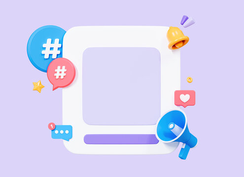 3D Social media frame post with Megaphone and Hashtag. Social network marketing and promotion. Online hype news concept. Cartoon creative design icon isolated on purple background. 3D Rendering