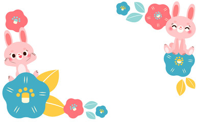 うさぎと椿の横フレームベクターイラスト