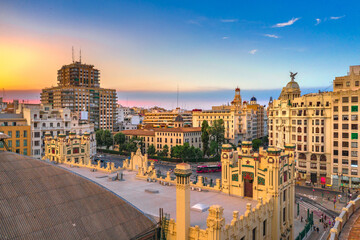 Aerial view of Valencia city, Spain at sunset with bull arena.