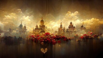 Fototapeta na wymiar Fabulous Magic solemn golden background with elements of landscape and architecture ai rendering.