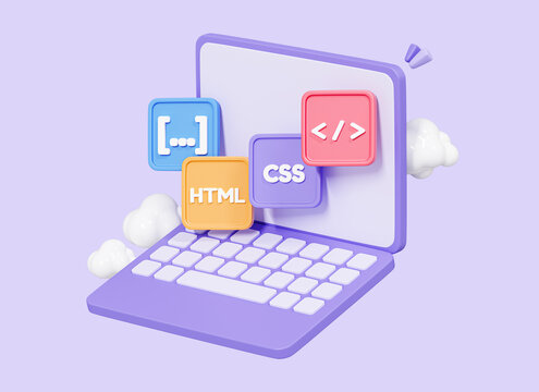 3D Computer laptop and program code development. Web coding concept. Website programming. Realistic elements. IT technologies. Cartoon creative design icon isolated on purple background. 3D Rendering