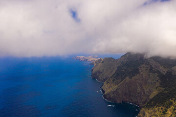 Drone photography of Madeira island cloudy mountains