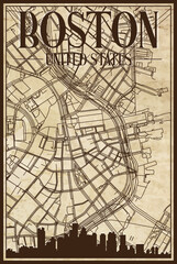 Brown vintage hand-drawn printout streets network map of the downtown BOSTON, UNITED STATES OF AMERICA with brown 3D city skyline and lettering