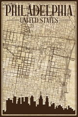 Brown vintage hand-drawn printout streets network map of the downtown PHILADELPHIA, UNITED STATES OF AMERICA with brown 3D city skyline and lettering
