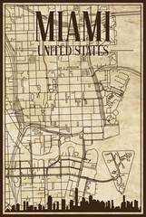 Brown vintage hand-drawn printout streets network map of the downtown MIAMI, UNITED STATES OF AMERICA with brown 3D city skyline and lettering