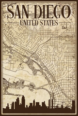 Brown vintage hand-drawn printout streets network map of the downtown SAN DIEGO, UNITED STATES OF AMERICA with brown 3D city skyline and lettering