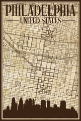 Brown vintage hand-drawn printout streets network map of the downtown PHILADELPHIA, UNITED STATES OF AMERICA with brown 3D city skyline and lettering