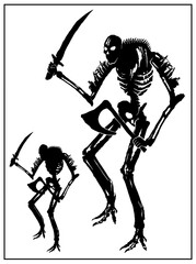Silhouette a creepy humpbacked skeleton with an ax and a sword in his hands without a background in full growth. A dark, bone fantasy character with a round spine and protruding branches, 2d vector.