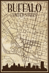 Brown vintage hand-drawn printout streets network map of the downtown BUFFALO, UNITED STATES OF AMERICA with brown 3D city skyline and lettering