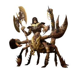 An Arab nomad warrior in golden and leather armor with sharp spikes and claws without background. Fantasy character, scorpion man in a hood with a big axe in his hand in full height, 2d png art.