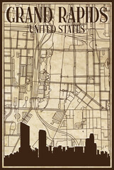Brown vintage hand-drawn printout streets network map of the downtown GRAND RAPIDS, UNITED STATES OF AMERICA with brown 3D city skyline and lettering