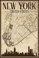 Brown vintage hand-drawn printout streets network map of the downtown NEW YORK CITY, UNITED STATES OF AMERICA with brown 3D city skyline and lettering