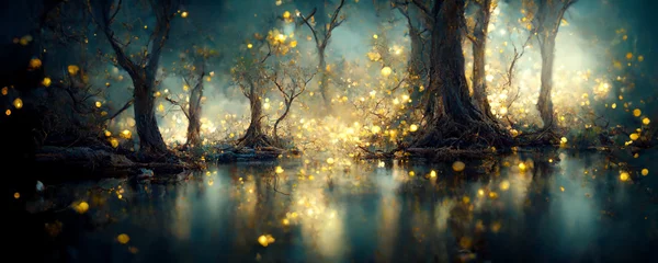 Foto op Aluminium Tropisch en exotisch nachtbos, Sprookjesbos met mystieke magische lichten gereflecteerd water. Levend groen van het bos.Onwerkelijke wereld. 3D illustratie. Achtergrond, omgeving, toekomst stel je voor. © Nokhoog