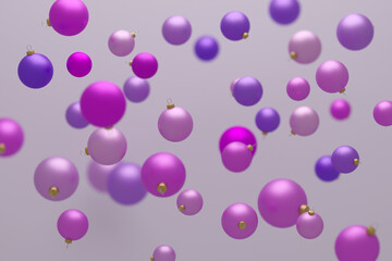 Multiple purple Christmas balls, shiny ornaments on light grey, 3d rendering. concept for happy new year and christmas